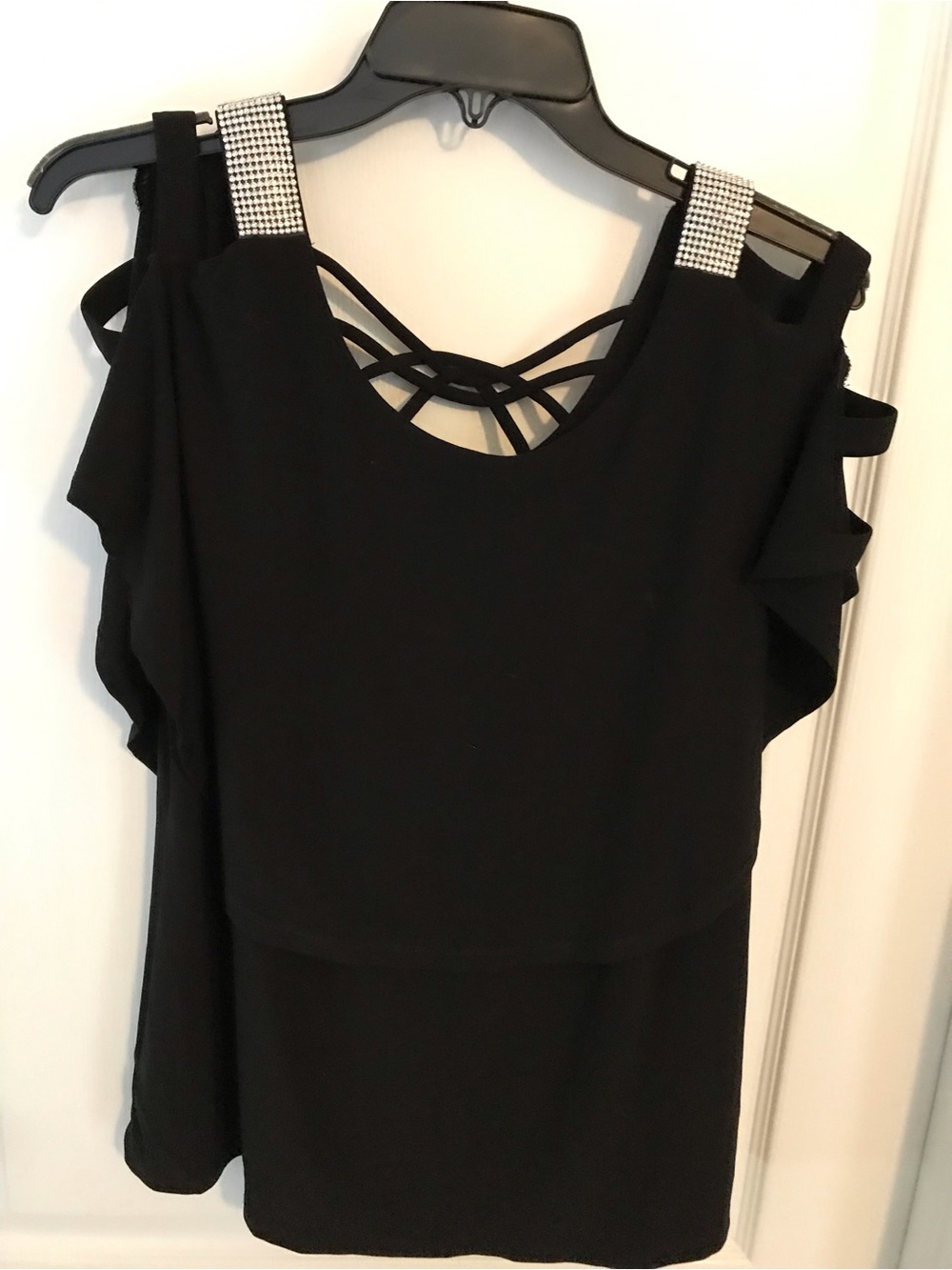 Women’s Black Cold-Shoulder Top with Rhinestone Straps